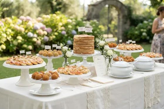 Buffet salato e dolce in giardino: fritti, pizzette e dolci su alzate bianche