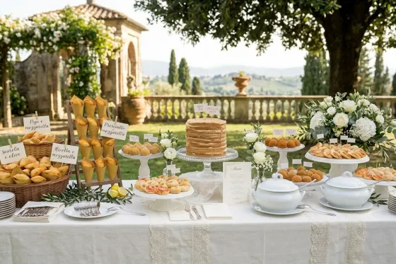 Buffet di finger food all'aperto per un ricevimento, con vista sulle colline