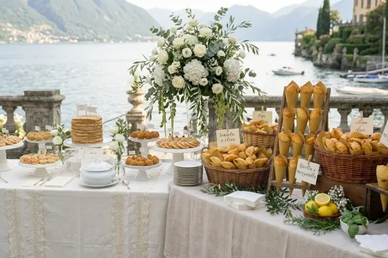 Buffet salato e dolce su una terrazza sul lago, con fiori bianchi